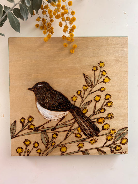 20 x 20cm Willie wagtail and wattle Artwork Pyrographed Mixed-Media Artwork