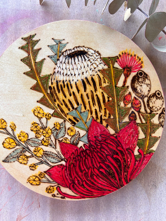 20cm Mixed Waratah and Botanicals Artwork Pyrographed Mixed-Media Artwork