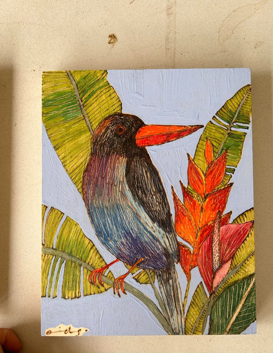 25 x 20cm Blue Javan Kingfisher Pyrographed Mixed-Media Artwork