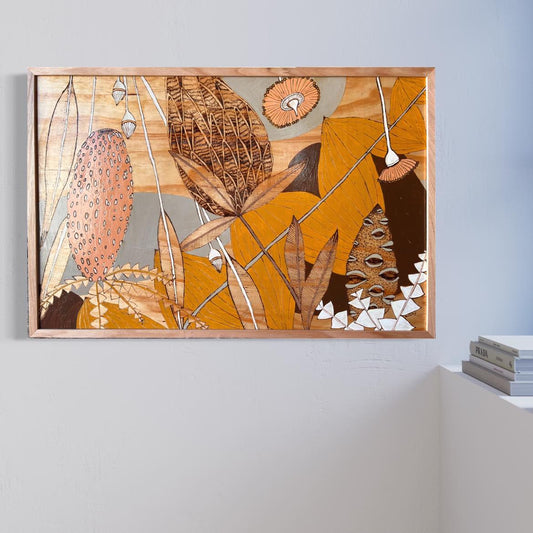 60 x 90cm Groovy Banskia Artwork Pyrographed Mixed-Media Artwork